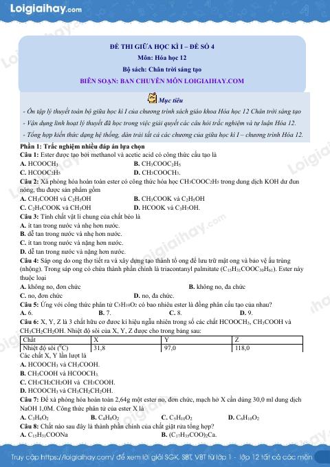 Đề thi giữa kì 1 Hóa 12 Chân trời sáng tạo - Đề số 4